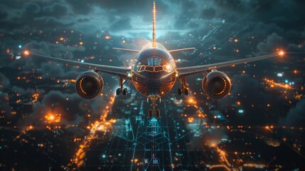 Futuristic Airplane Flying Over a Digital Cityscape - Generative AI