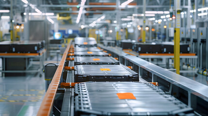 Electric car battery production line in a modern factory setting with conveyor belt and row of batteries