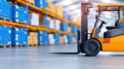 Fototapeta premium Forklift in Action Amidst Stacks of Blue Boxes