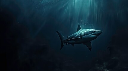 Fototapeta premium Powerful shark glides gracefully in a dark, serene underwater scene. Generative AI