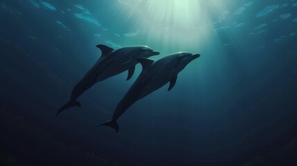 Fototapeta premium Two dolphins swimming underwater in tropical sea marine life concept