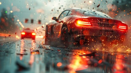 Dramatic Nighttime Car Chase with Sparks and Debris - Generative AI