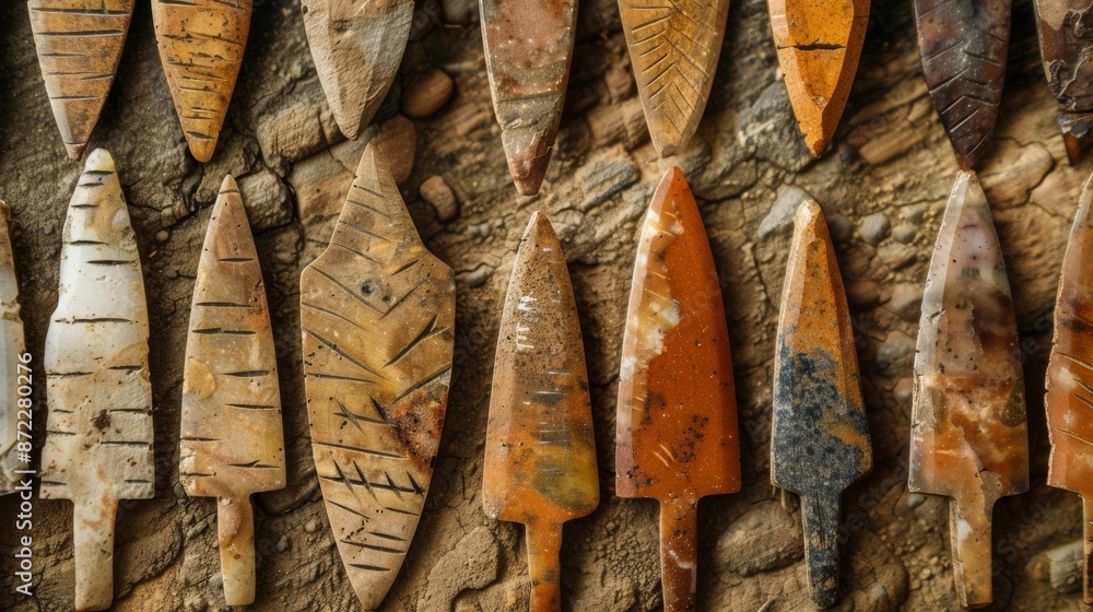 Poster a series of closeups of various arrowheads highlighting the different shapes and sizes for different