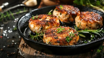 Savory crab cakes garnished with herbs on a cast iron skillet in a rustic restaurant setting. Generative AI