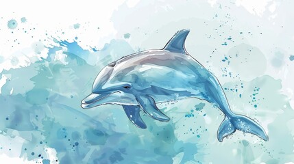 Naklejka premium Watercolor Dolphin in Blue Ocean