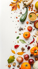 Autumn harvest of vegetables and fruits on white background.