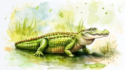 Fototapeta premium Watercolor Illustration of a Crocodile in a Swamp
