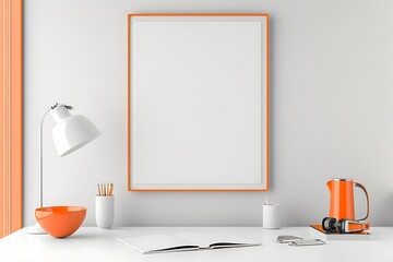 Obraz premium Stylish office space with a white desk, bright orange accents, and an empty white frame on a light grey wall in a format.