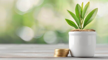 Still Life Painting of Plant and Coins on Wooden Table