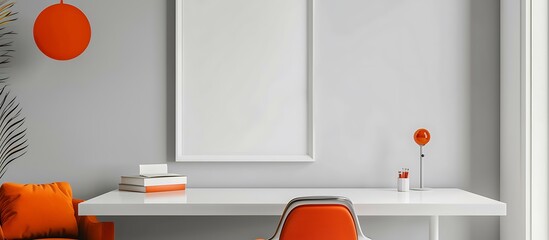 Stylish office space with a white desk, bright orange accents, and an empty white frame on a light grey wall in a  format.