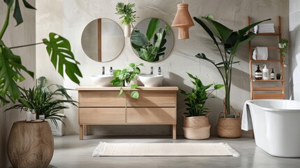 A modern bathroom with a double sink vanity and a freestanding bathtub. The room is decorated with lush greenery, including plants in pots, hanging plants, and a large potted palm tree.