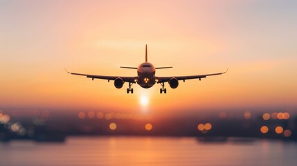 Serene Sunset Landing: A Majestic Commercial Airplane Prepares for Touchdown