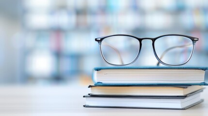 Pair of Black Glasses atop Two Blue Books Scene