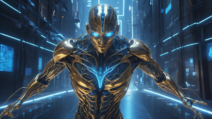 Male AI Robot Golden Blue and Futuristic City. AI generativ