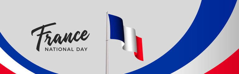 France national day web banner design. French flag background. Red and blue color. France independence and freedom. Patriotic elements. Festive and parade design. Travel Vector Poster illustration.