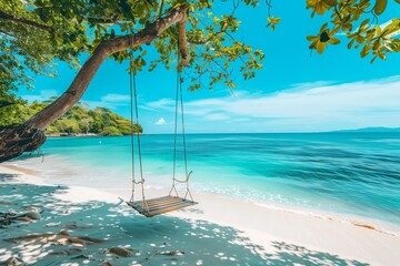 A beach with a swing hanging from a tree. The swing is in the shade and the beach is very calm