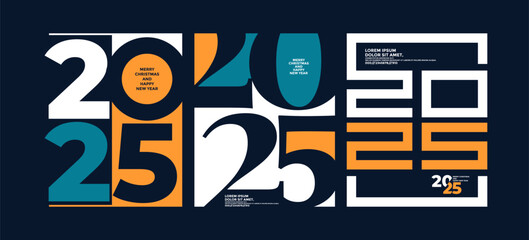 2025 Colorful set of Happy New Year posters. Abstract design with typography style. Vector logo 2025 for celebration and season decoration, backgrounds for branding, banner, cover, poster and more.