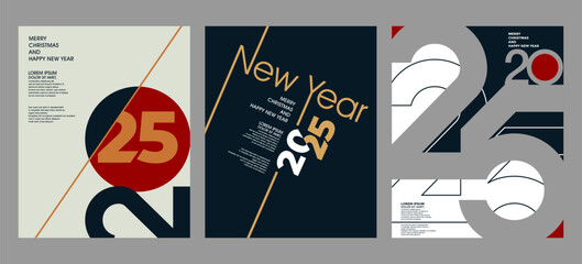 2025 Colorful set of Happy New Year posters. Abstract design with typography style. Vector logo 2025 for celebration and season decoration, backgrounds for branding, banner, cover, poster and more.