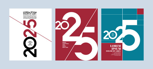 2025 Colorful set of Happy New Year posters. Abstract design with typography style. Vector logo 2025 for celebration and season decoration, backgrounds for branding, banner, cover, poster and more.