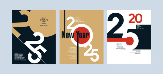2025 Colorful set of Happy New Year posters. Abstract design with typography style. Vector logo 2025 for celebration and season decoration, backgrounds for branding, banner, cover, poster and more.