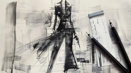 A sketch of a sleek and modern jumpsuit paired with swatches of metallic silver fabric for added glamour.
