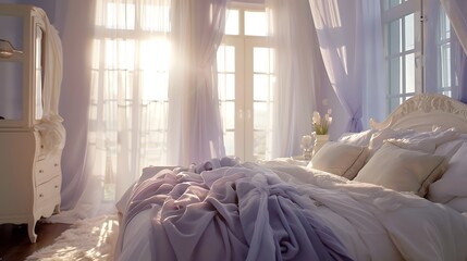 A dash of lilac enhances a romantic bedroom, with sheer curtains billowing softly in the breeze.