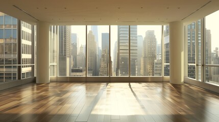 Obraz premium empty room with sleek, floor-to-ceiling windows, offering a panoramic view of the city skyline.
