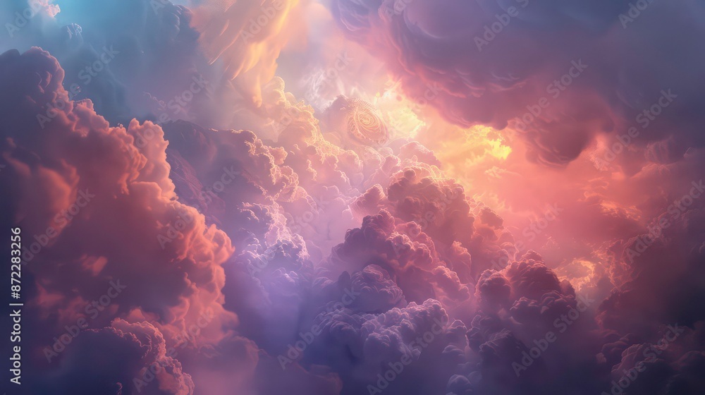 Poster stunning image of a dramatic cloudscape illuminated by a soft, ethereal light. generative ai