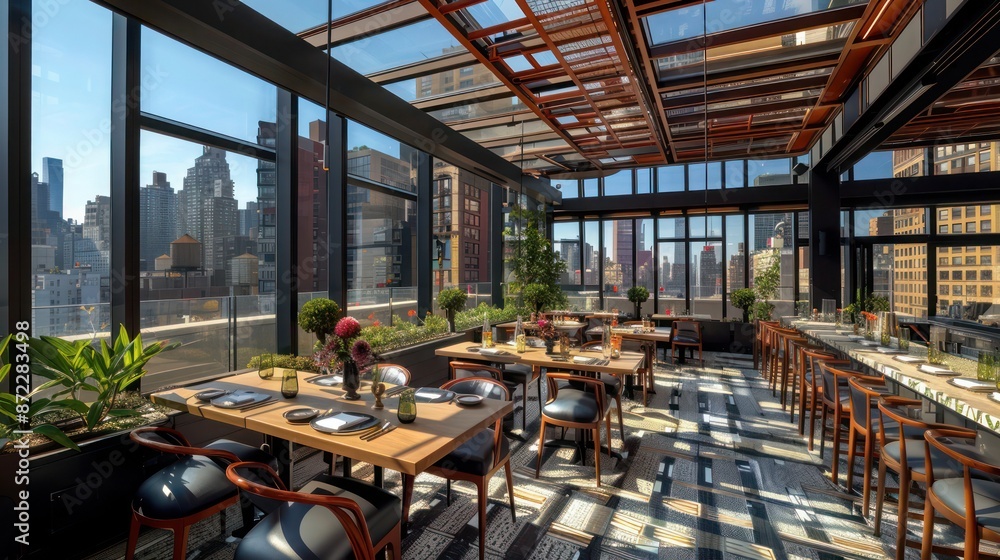 Wall mural rooftop restaurant with strategically placed energy-efficient windows that optimize city views while