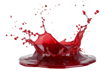Red splashes in the air. Liquid looks like juice, red wine or blood on an isolated white background. Generated AI