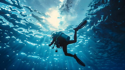 Underwater Scuba Diver Ocean Exploration Sunlight Marine Adventure