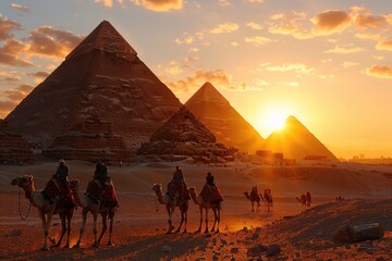 Historic Shadows: Egyptians and Camels Walking Around the Silhouetted Pyramids at Sunset - An Epic Scene of Ancient Civilization Against a Fiery Sky.