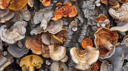 A closeup of various types of mushrooms growing on the bark of a tree.