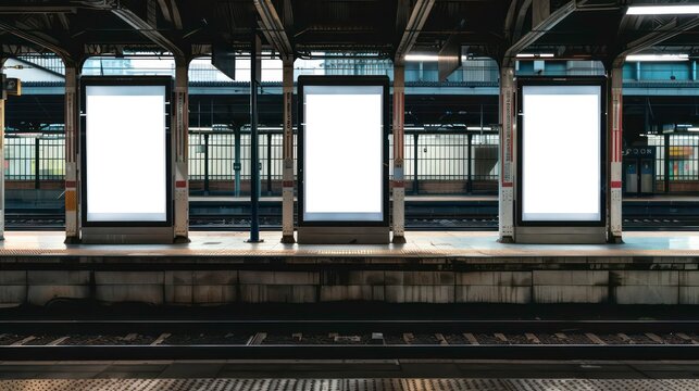 Three portrait empty billboards advertising placeholders are displayed on a train station resembling a mockup of a blank white poster An image with copy space