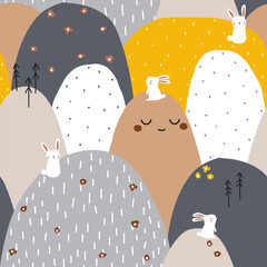 Cute seamless pattern with mountains and bunnies. Childish graphic. Vector hand drawn illustration.