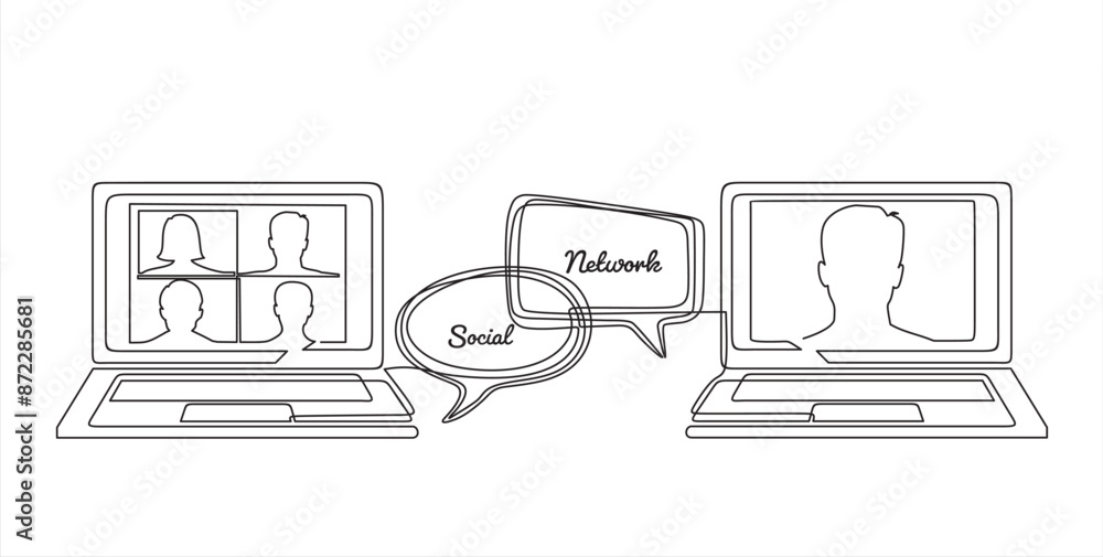 Poster social network. continuous one line drawing of laptops with some people on screen and speech bubbles