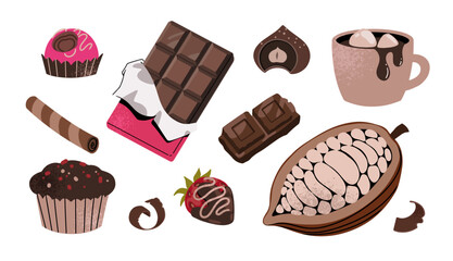 Chocolate Set. Stickers with chocolate bar, cocoa beans and sweet candies. Cartoon flat vector collection isolated on white background