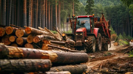 A red tractor with a log grapple drives through a dense forest, hauling a large pile of freshly cut logs. The tractor is leaving a trail of mud and debris behind it