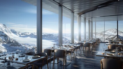high-altitude restaurant with energy-efficient windows designed to withstand extreme weather, offering diners spectacular mountain views in a comfortable, controlled climate