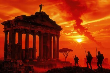 Obraz premium Historic Twilight: Roman Soldiers Walking Around the Silhouette of a Temple at Sunset - A Dramatic Scene of Ancient Civilization.