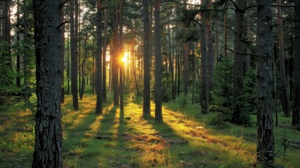 Fototapeta premium As the sun sets the forest comes alive with the sounds of nocturnal creatures adding to the mystical atmosphere.