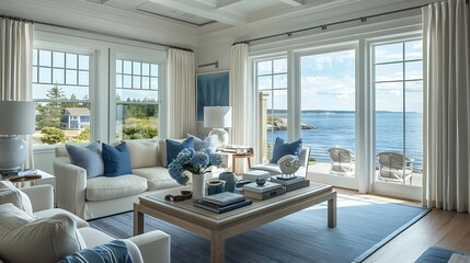 Fototapeta premium A hint of sapphire blue infuses calm into a coastal-inspired living room, with panoramic windows framing ocean views.