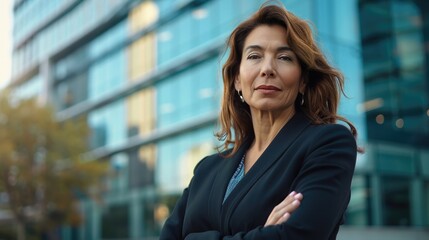 Fototapeta premium Confident mid-aged Latin businesswoman posing in front of a sleek corporate building. Latin mid aged business woman