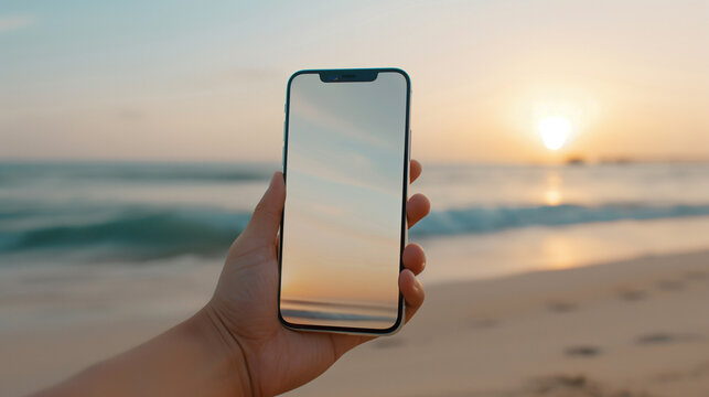 One hand casually holding an iPhone mockup with a white screen, with the background of a sandy beach with waves crashing and the sun setting