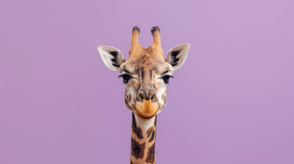 Obraz premium A Curious Giraffe's Face Close-Up, Eyes Focused Forward, against a Monochrome Lilac Background