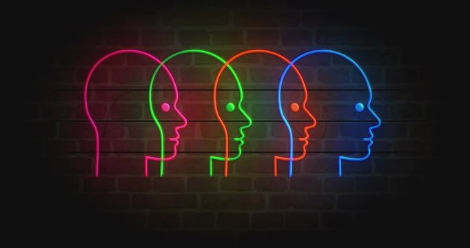Artificial intelligence head neon symbol on brick wall. AI cyber face light color bulbs. Loopable and seamless abstract concept animation.