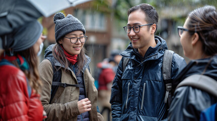 Fototapeta premium Group of Young Asian Friends Engaged in Conversation Outdoors on a Rainy Day, wearing Casual Rain Gear
