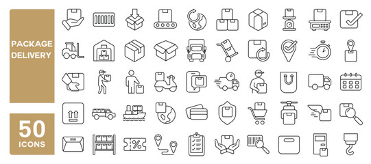 Set of 50 line icons related to package delivery, logistic, shipping, vehicle, order tracking, distribution, Editable stroke. Vector illustration