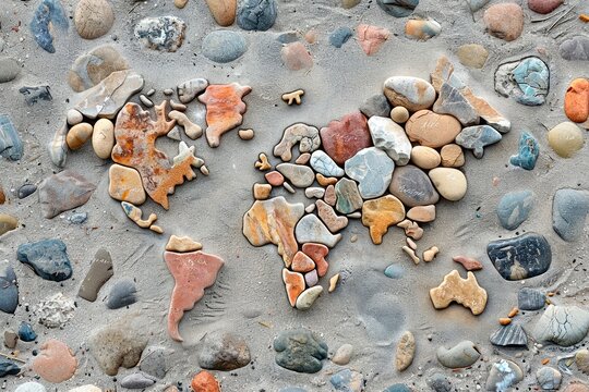Nature's Cartography: World Map Composed of Pebbles, Stones, and Jackstones in Natural Colors - A Stunning Eco-friendly Artistic Creation, a Representation of Geography.