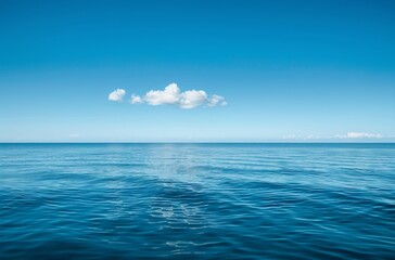Fototapeta premium wide shot of the vast, calm sea under a clear blue sky. The water is a deep ocean color with gentle ripples and small waves in its distance